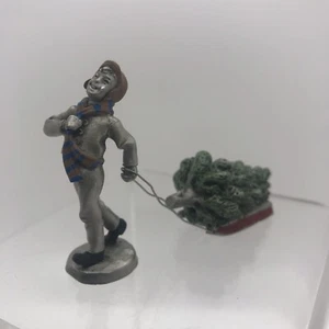 Hudson Pewter Villagers # 5252 Boy Roger Pulling A Christmas Tree 2 Pieces 1990 - Picture 1 of 22