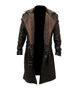 Mens German Belted Ryan Blade Runner Fur Leather Trench Long Coat Jacket - Picture 1 of 3