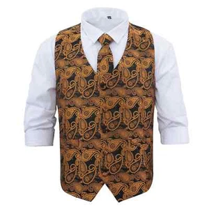 Black & Gold Woven Paisley Bohemian Formal Wedding Waistcoat & Tie Set by DQT - Picture 1 of 4