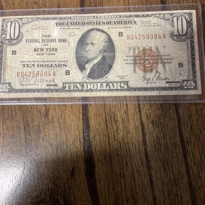 1929 BROWN SEAL FEDERAL RESERVE BANK of NEW YORK TEN DOLLAR $10 DOLLAR BILL (B) - Image 1 of 4