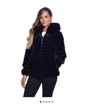 Gallery 黑色泰迪连帽夹克柔软人造毛皮夹克女式 M 码全新无标签 — 第 1/3 张图片