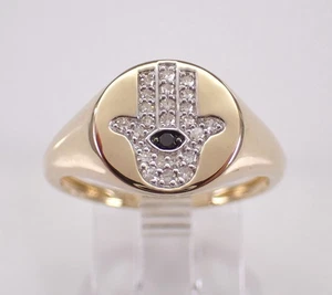 14K Yellow Gold Diamond Hamsa Ring Unique SIGNET Style Hand of God Band - Picture 1 of 8