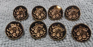8 Vintage Black Glass FLOWER Buttons GOLD LUSTER - Picture 1 of 3