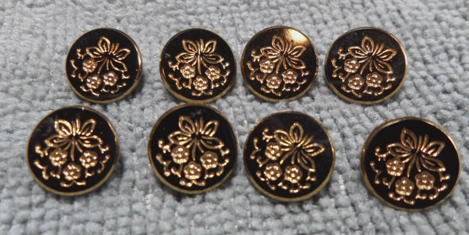 8 Vintage Black Glass FLOWER Buttons GOLD LUSTER - Image 1 of 3