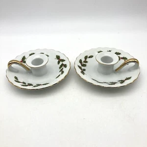 Vintage 1985 LEFTON China Christmas Holly Candle Holders #05252- SET OF 2 - Picture 1 of 7