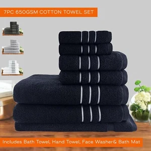 7PC Bath Towel Sets 100% Cotton Thick 650GSM Bath Mat Hand Towel Face Washer - Picture 1 of 10