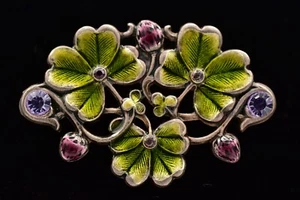 Spilla vintage fiore quadrifoglio smalto verde viola cristallo Francia firmata 9B - Foto 1 di 12