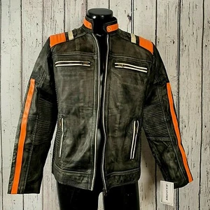Real Leather Motorcycle Jacket Sz L Zip Up Zipper Pockets Distressed Leather - Foto 1 di 12