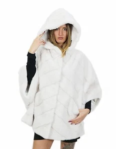 Mink Fur Size 44 White Cape Long 72cm Hood Woman - Picture 1 of 6