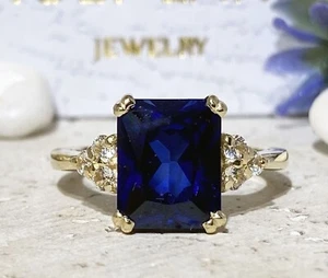 6.30 Ct Emerald Cut Natural Sapphire Diamond Wedding Ring 14K Solid White Gold - Picture 1 of 6
