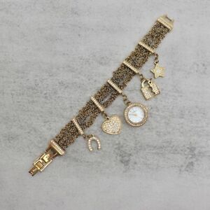 Ladies Anne Klein Watch Charm Bracelet Gold Tone 4 Charms NEW BATTERY WORKS