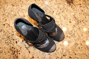 CHLOE HORN BLACK LEATHER UPPER PEWTER METAL LOWER HIGH HEELS  40 Made in Italy - Picture 1 of 6