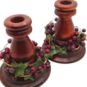 Pair Of Wooden Candle Holders With Faux Berry & Leaf Accents - Picture 1 of 8