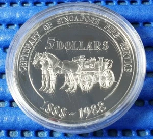 1988 Singapore Fire Service Centenary Commemorative $5 Silver Proof Coin - Picture 1 of 4
