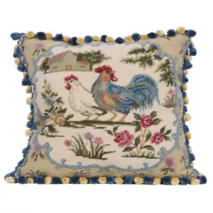 Handmade Wool Needlepoint Petit Point Rooster Pillow Cover with Tassels 18" x18" - Picture 1 of 4