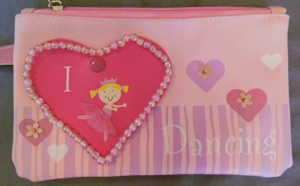 Girls Wristlet Coin Wallet Purse Change Clutch Ballet I Love Dancing Pink Hearts - Image 1 of 4
