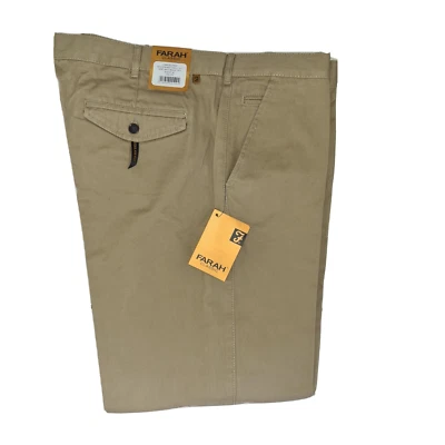 FARAH CHINOS TROUSERS WOODWARD TWILL STRAIGHT MID BEIGE COTTON W42S W42X29L NEW