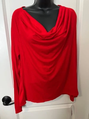 NWT MERONA L COWL NECK BRIGHT RED TEE T-SHIRT TOP TRENDY HOLIDAYS SOFT LITE - Image 1 of 4