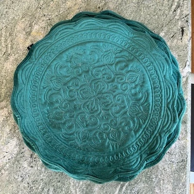 4 Tahari Home Emerald Green Round Embroidered Table Placemats 16” - Image 1 of 3