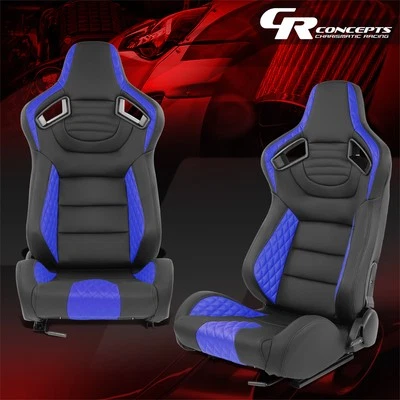 Universal Blue Vinyl Leather Reclinable Racing Seats w/Dual Sliders Left+Right - Image 1 of 4