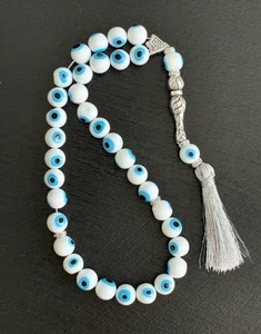 White Glass Evil Eye Islamic Prayer Beads, 33 Beads Tasbih, Misbaha, Subha - Foto 1 di 11