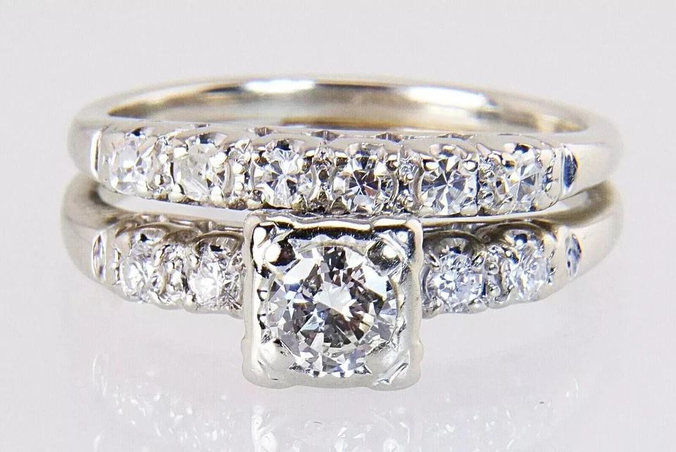 Wedding Bridal Ring Set Art Deco Round Lab Created Diamond 14K White Gold Filled - Image 1 of 4