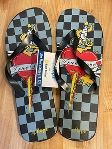 TRUE LOVE Rockabilly Black/Grey Checkered Flip Flops Thongs NEW Men’s Large - Picture 1 of 3