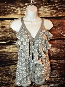 Banana Republic 100% SILK Sleeveless Khaki RUFFLE Blouse Top Grosgrain Trim XS - Picture 1 of 8