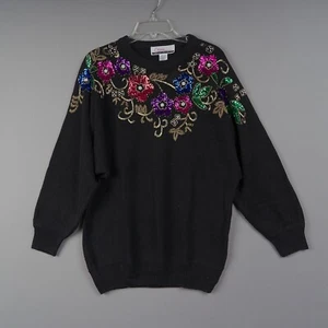 Vintage Sweater Women’s 20W Plus Black Sequin Beaded Fancy 90s - Picture 1 of 10