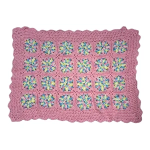 Baby Blanket Sz 36" x 28" Pink With Multi Color Crocheted Granny Square Design  - Picture 1 of 11