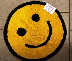 SMILEY FACE Happy Emoji Floor Rug Soft 100% Cotton Circle Yellow & Black Round - Picture 1 of 5