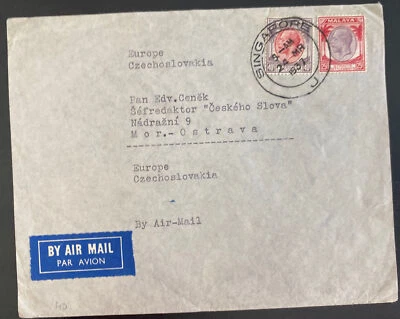 1937 Portada de correo aéreo de Singapur Malaya A Mor Checoslovaquia Foto 1 de 2