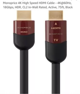 Monoprice 4K High Speed HDMI Cable - 4K@60Hz, 18Gbps, HDR, CL2 In-Wall Rated 75’ - Picture 1 of 3