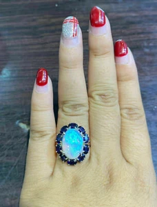 6Ct Oval Lab Created Opal Halo Engagement Ring 14K White Gold Plated Silver - Picture 1 of 6