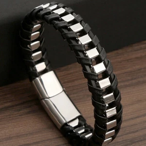 Blue Genuine Leather Braided Bracelet Stainless Steel Magnetic Buckle Bangle New - Picture 1 of 16