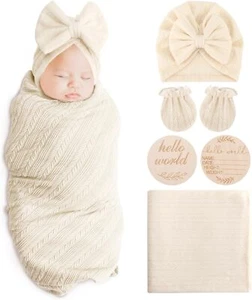 Swaddle for 1 Set: Wheat-pattern Hat + Mittens + Blanket + Card (Beige) - Picture 1 of 8