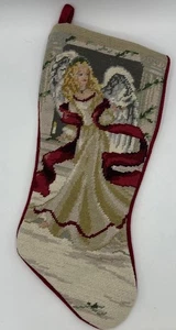 Vintage Needlepoint ANGEL Christmas Stocking Wool Tapestry Red Velvet Blonde 18” - Picture 1 of 9