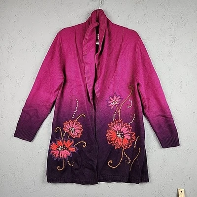 Cárdigan Victor Costa Mujer Mediano Púrpura Lana Floral Boho Lentejuelas De Colección Abierto Foto 1 de 4