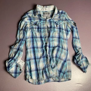 Roar camicia donna piccola blu a quadri ricamata western bottoni a pressione invecchiata - Foto 1 di 9