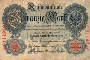 Genuine 20 Mark German empire banknote 1910 in fine cond !!! - Picture 1 of 2