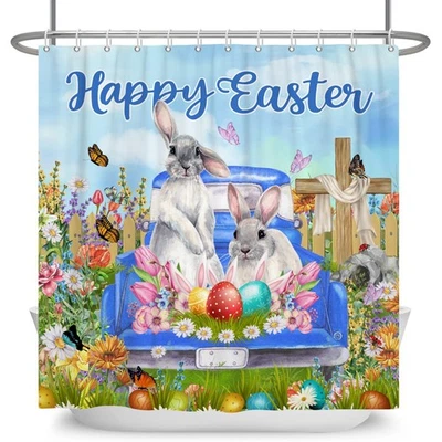 Занавеска для душа с пасхальным кроликом синяя занавеска для ванной весна F - Изображение 1 из 4