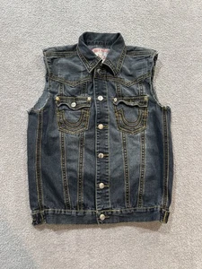 True Religion Men’s XL Denim Vest Jimmy Big QT Dark Wash World Tour - Picture 1 of 9