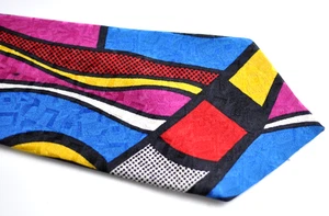 Reine Seide Krawatte bunt geometrisch Muster Memphis Stil Vintage Tie 100% Silk - Picture 1 of 5