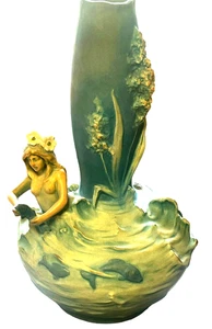 Jarrón antiguo Art Nouveau sirena y pez RARO, sirena en el mar, Bernard Bloch - Imagen 1 de 7