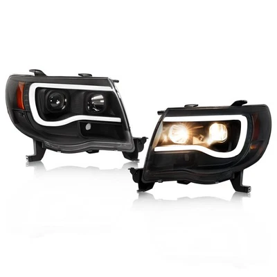 DOT Pair LED Tube Black Projector Headlights For 2005-2011 Toyota Tacoma BLK - Image 1 of 4