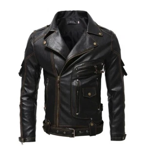 Men's Distressed Black Leather Motorcycle Jacket Vintage Cafe Racer Biker Jacket - Picture 1 of 7