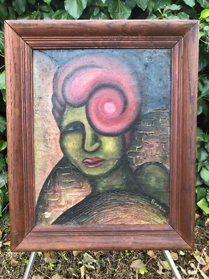 ROMERO Original ANTIQUE 1920s ABSTRACT MODERN CUBISM SURREALIST PORTRAIT OIL - Image 1 of 4