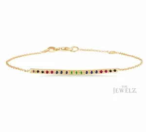 14K Gold Genuine Black Diamond Ruby Emerald Blue Sapphire Bar Chain Bracelet - Picture 1 of 3
