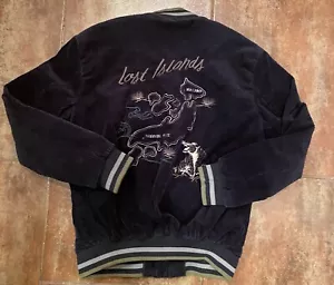 Zara Men’s Embroidered Corduroy Bomber Jacket Lost Islands Navy Blue Size Medium - Picture 1 of 9