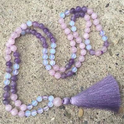 8mm Amethyst Gemstone Rose Quartz 108 Beads Mala Necklace Classic Prayer - Image 1 of 4